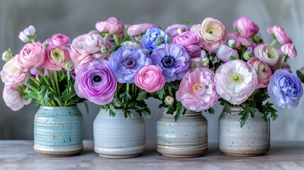 Fototapeta premium A collection of vibrant flower-filled vases atop a white cloth-covered table