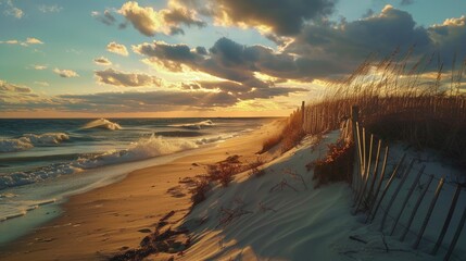 November Sunset at Beach: A Beautiful Autumn Landscape of Sand, Waves, and Ocean