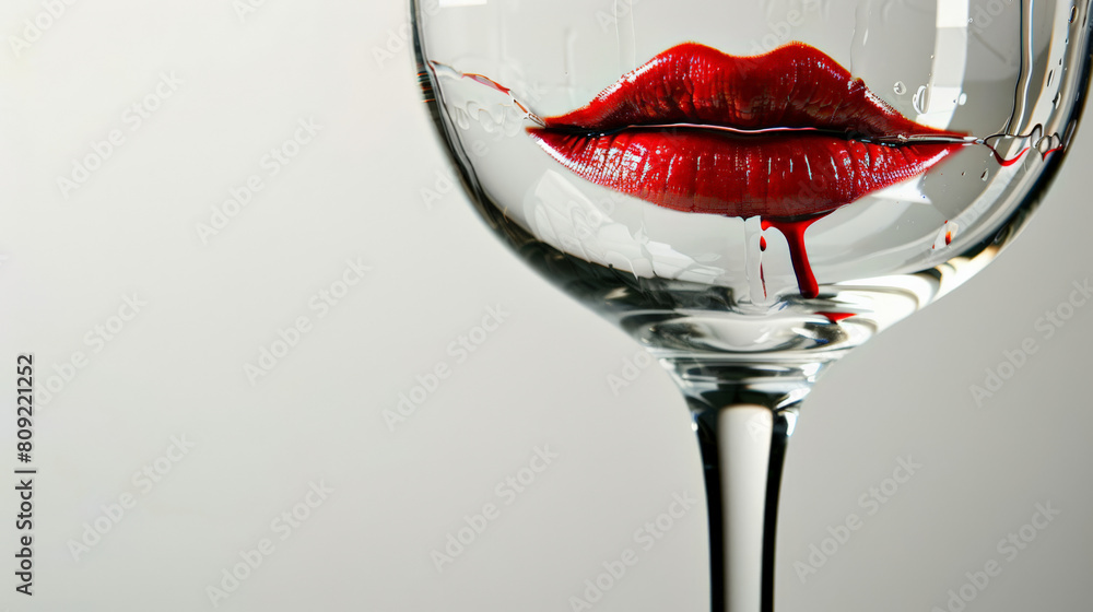 Sticker wine glass with red lipstick mark, elegant close-up, isolated on white