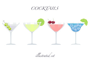 Set of flat cocktail vector illustrations Classic cocktails in different types of glasses Summer aperitif for the menu. Alcoholic drinks. White background is easy to edit.