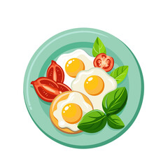 fried eggs with bacon and basil on plate on white background
