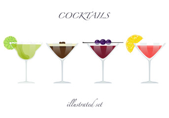 Set of flat cocktail vector illustrations Classic cocktails in different types of glasses Summer aperitif for the menu. Alcoholic drinks. White background is easy to edit.