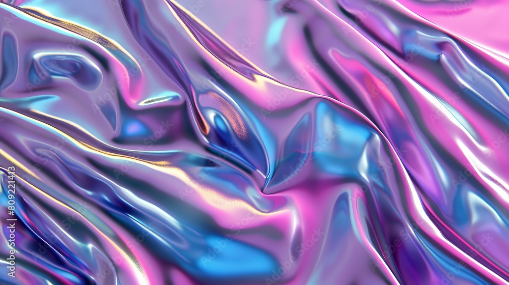Poster an iridescent chrome gradient cloth fabric background featuring ultraviolet holographic foil texture