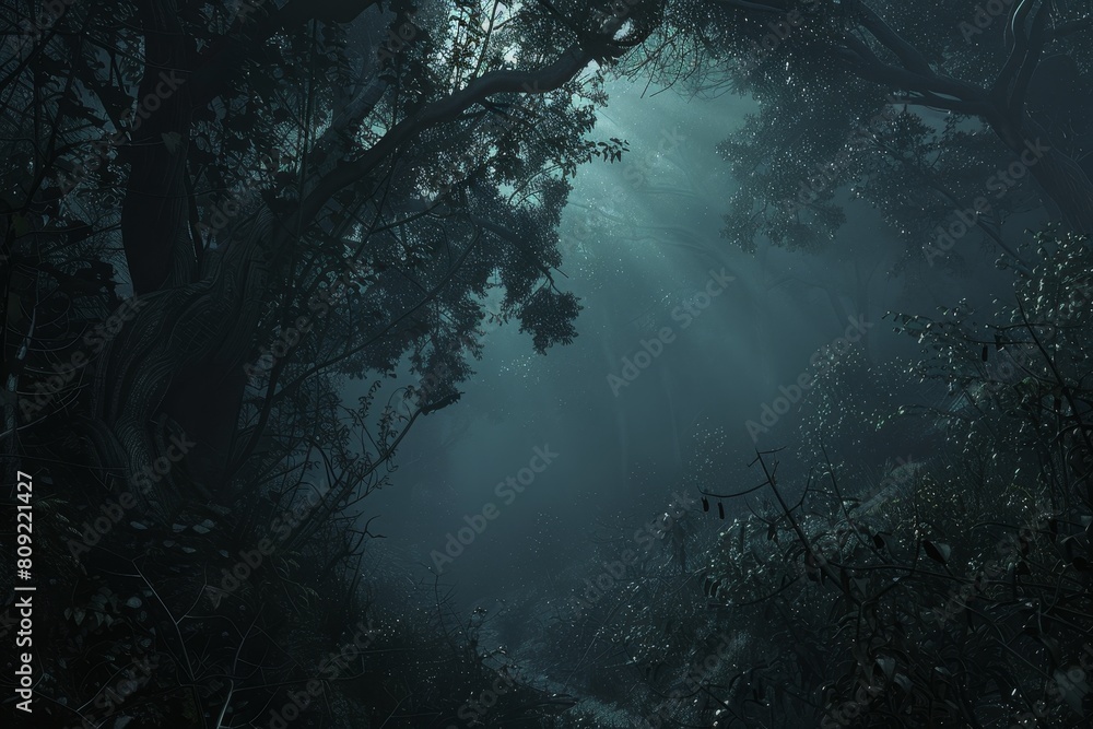 Poster a dark forest with numerous trees shrouded in dense fog, a dense fog blanketing a mysterious and anc