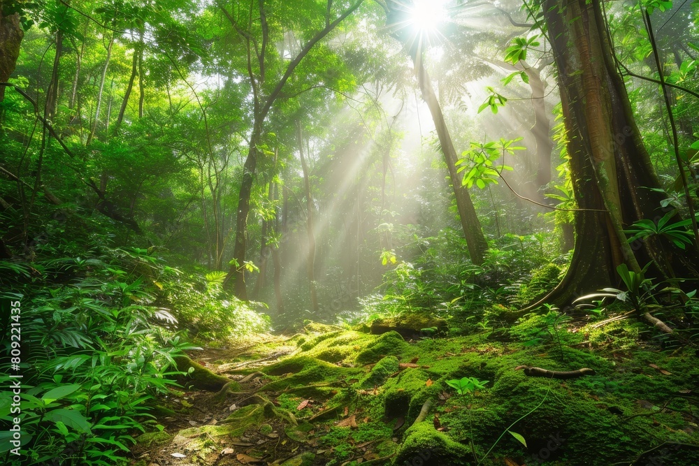 Poster sun shining through dense trees in the forest, creating a captivating natural scene, a dense forest 