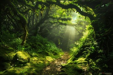 Obraz premium A path winding through thick green foliage in a lush forest with sunlight filtering through the canopy, A dense forest canopy with sunlight streaming through the leaves onto a moss-covered trail