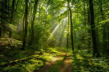 A path winding through a lush green forest under a dense canopy of trees with sunlight filtering through, A dense forest canopy with sunlight streaming through the leaves onto a moss-covered trail