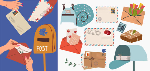 Set of illustrations and symbols, icons on the theme of postal poisoning, envelopes, mail boxes, hands with envelope. Post cards, postage stamps, kraft paper letters, paper letter, paper envelope.
