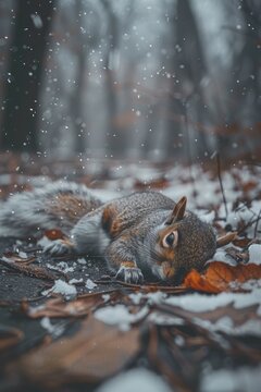 Lifeless in Winter: A Dead Squirrel in the Snow - A Mammal in Nature's Embrace