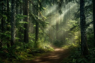 A path winds through a dense forest with sunlight filtering through the trees, A dense forest with dappled sunlight filtering through the trees onto the path