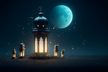 3D rendered Beautiful Islamic background with mosque and lanterns template - ai generative
