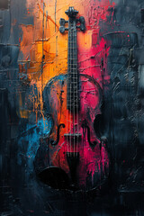 Abstract painterly violin resting against a thickly painted wall