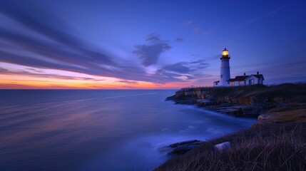 Point Lighthouse at Sunrise. Stunning Landmark on Long Island