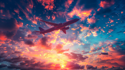 Silhouetted Airplane Against Sunset Sky
