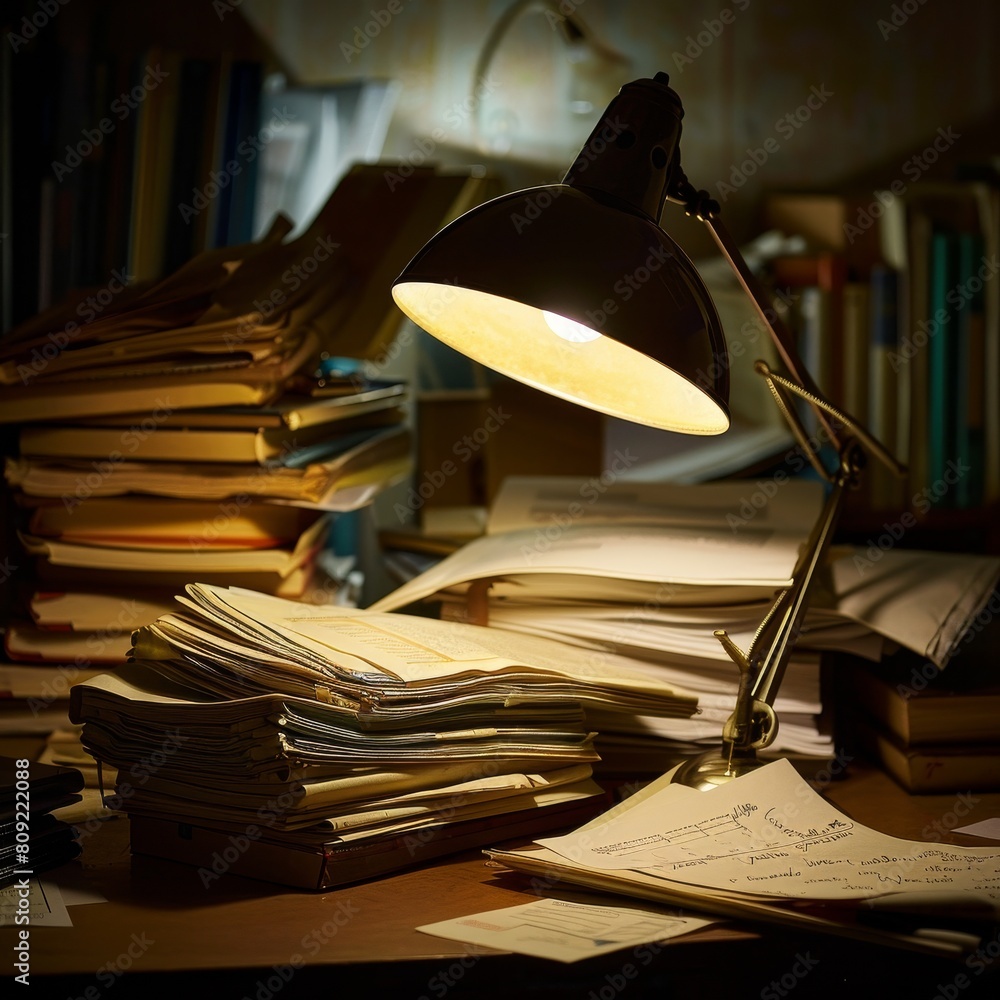 Poster a desk lamp is lighting up a stack of books on a flat surface, a desk lamp illuminating a pile of do