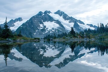 Majestic Mount. Picture Lake Reflecting Stunning Landscape of Snowy Mountain Ranges