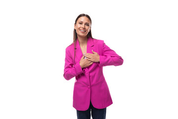young slender caucasian brunette boss woman wears a lilac jacket