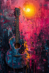 Abstract painterly acoustic guitar resting against a thickly painted wall