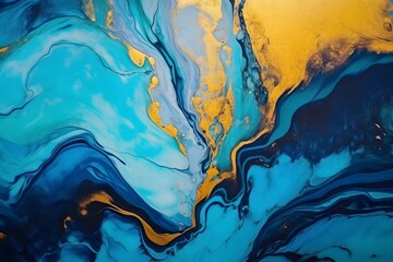 Beautiful abstract watercolor background. Beautiful fluid blue texture with gold glitter accents. Marble gradient with empty space for text. Generative AI.
