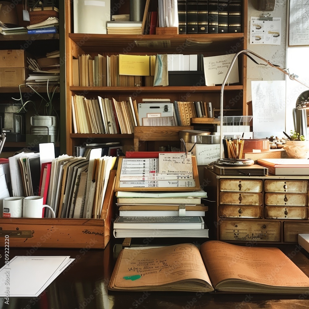Poster a book shelf filled with numerous books, neatly organized and stacked in rows, a desk with various d