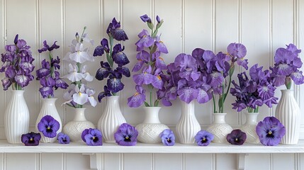  Purple-and-white flowers rest atop a shelf next to white vases