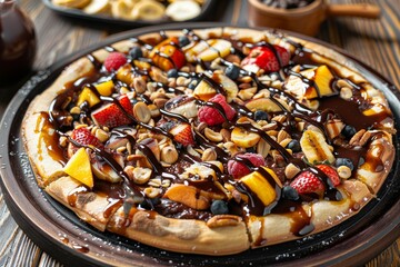 A pizza covered in assorted fruits and nuts sits on a pan, drizzled with chocolate sauce, A dessert pizza drizzled with chocolate sauce and topped with fruit and nuts - Powered by Adobe