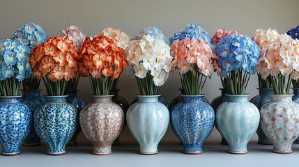   Blue-and-white vases on a white table against a gray wall, featuring flowers in various colors