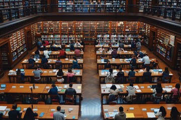 A vast library packed with shelves of numerous books, A detailed close-up of a college library filled with books and students studying