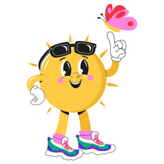Character Sun with a face, wearing stylish sneakers and a butterfly