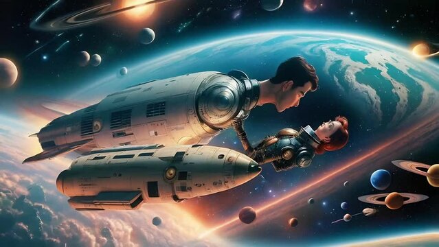 A man and woman are standing in front of a large planet. The man is wearing a backpack and the woman is wearing a blue suit. The scene is set in space and the couple appears to be in a romantic mood