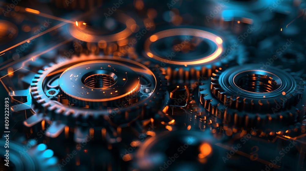 Poster cogs and gear wheel mechanisms symbolize hi-tech digital technology and engineering, presenting an a