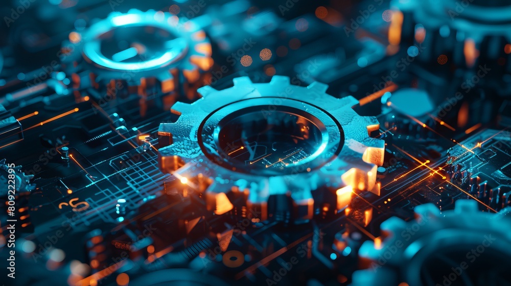 Poster cogs and gear wheel mechanisms symbolize hi-tech digital technology and engineering, presenting an a