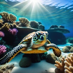 Fototapeta premium Sea turtle in blue ocean closeup. Green sea turtle closeup. Endangered species of tropical coral reef. Tortoise photo. Tropic seashore fauna. Summer travel seaside activity. Snorkeling with sea turtle