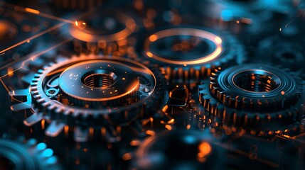 Cogs and gear wheel mechanisms symbolize hi-tech digital technology and engineering, presenting an abstract technical background.