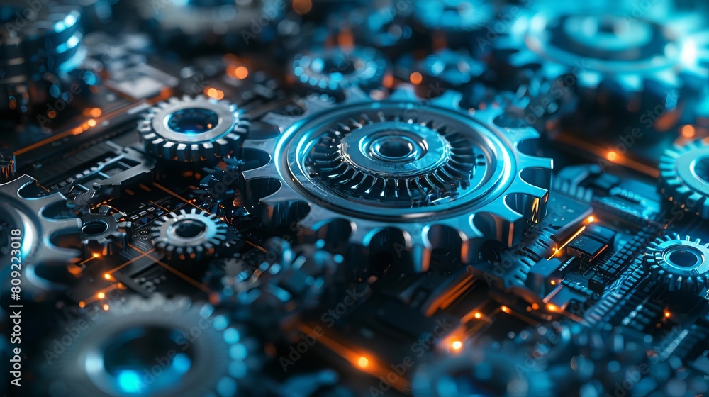 Poster cogs and gear wheel mechanisms symbolize hi-tech digital technology and engineering, presenting an a