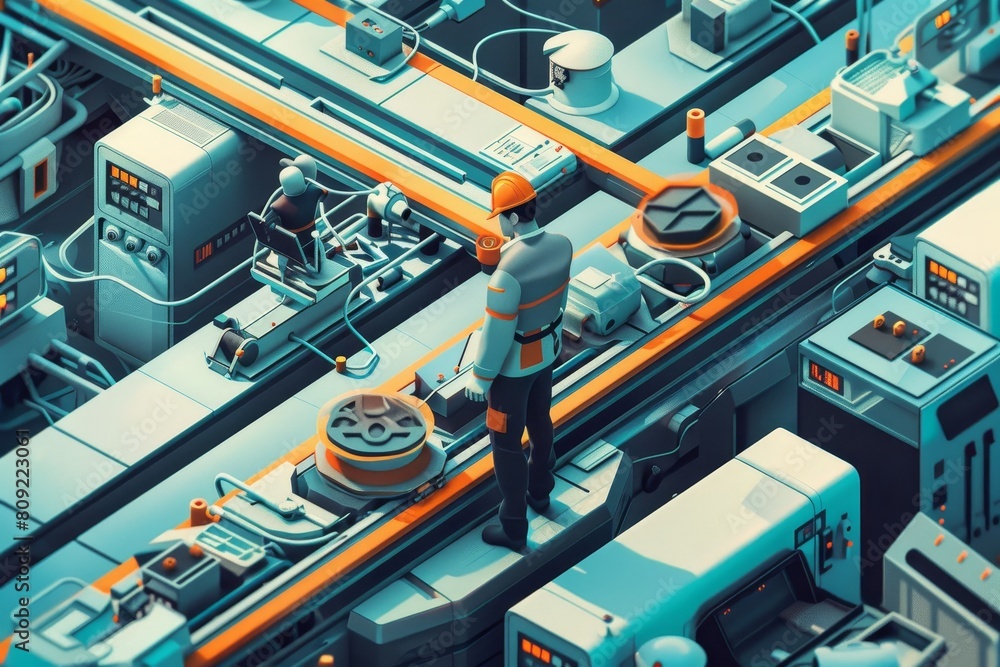 Poster a man standing in front of a machine, focused on operating it in a busy factory setting, a detailed 