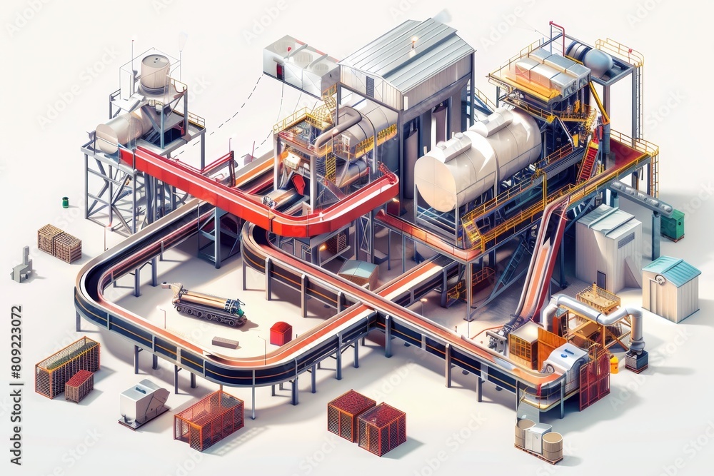 Poster computer-generated visualization of a modern and efficient food processing plant in operation, a det