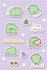 Fototapeta premium adorable frog pastel cartoon and motivational sticker design bundle