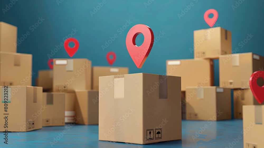 Poster cargo delivery, logistics and distribution concept. ?ardboard boxes with location pointer showing th