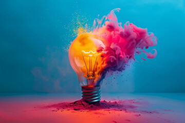 Lightbulb eureka moment with Impactful and inspiring artistic colourful explosion of paint energy	