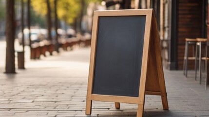 Signboard on the street. Empty menu board stand. Restaurant sidewalk chalkboard sign board. Freestanding A-frame blackboard near flower shop ur cafe. Copyspace for text