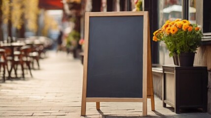 Signboard on the street. Empty menu board stand. Restaurant sidewalk chalkboard sign board. Freestanding A-frame blackboard near flower shop ur cafe. Copyspace for text