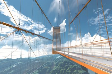 Computer-generated illustration of a modern suspension bridge soaring high above the ground, A detailed diagram of a state-of-the-art suspension bridge