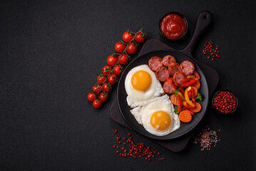 Delicious nutritious breakfast with fried eggs, sausage, steamed vegetables