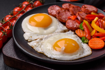 Delicious nutritious breakfast with fried eggs, sausage, steamed vegetables
