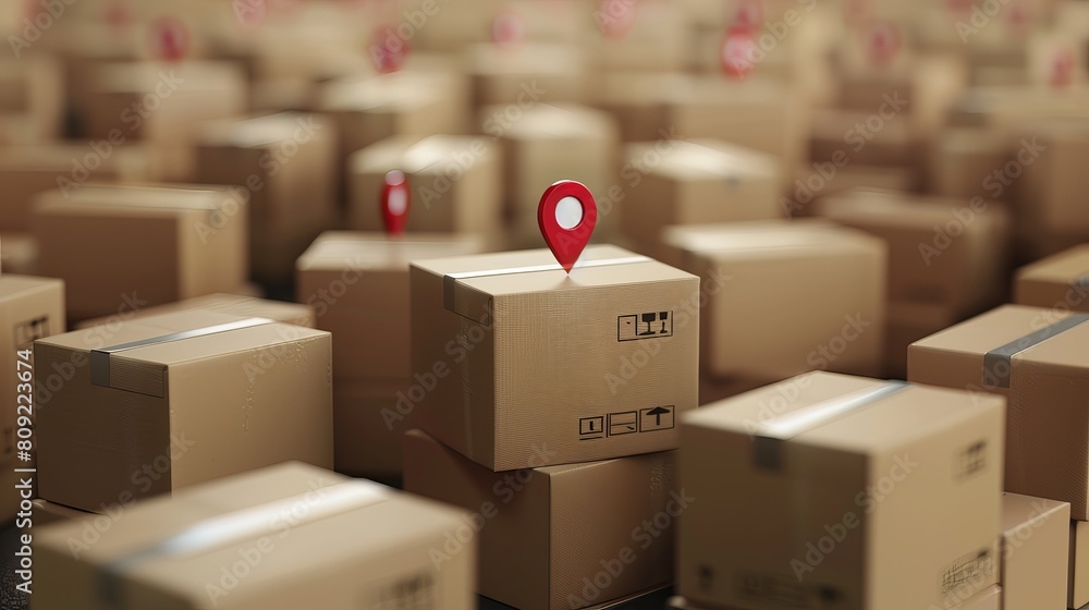 Poster cargo delivery, logistics and distribution concept. ?ardboard boxes with location pointer showing th