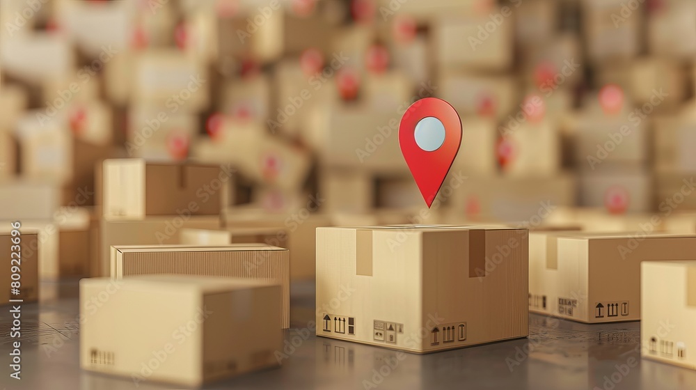 Poster cargo delivery, logistics and distribution concept. ?ardboard boxes with location pointer showing th