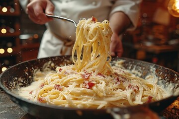 Chef serving spaghetti carbonara with parmesan in a rustic kitchen setting. Close-up action shot with dynamic lighting. Italian cuisine and cooking experience concept. Design for menu and culinary 