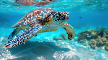   Sea turtle swimming in rocky waters