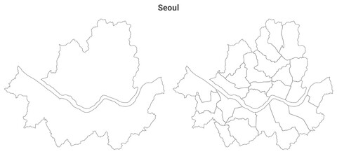 set of 2 political maps of Seoul City,  South Korea with regions isolated on white background. Seoul City map with districts